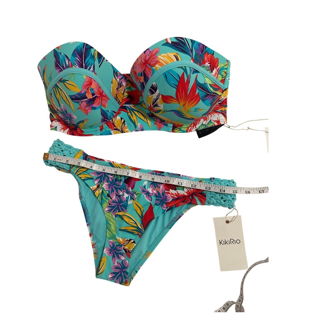 NWT‎ Kiki Rio Aqua Blue Floral Bikini Size 36DD 38D Top Large Bottoms